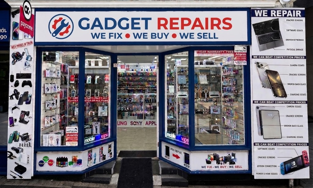 Inside Gadget Repairs Basingstoke — phone cases and gadgets on display