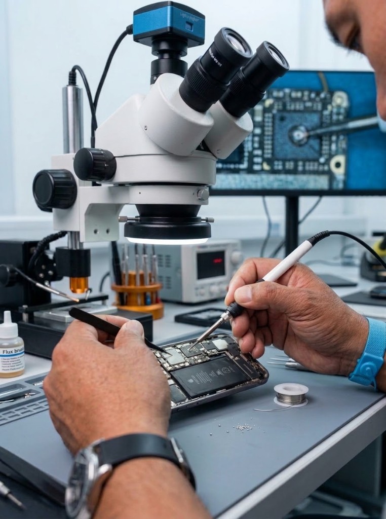 Technician performing board-level micro-soldering under a microscope